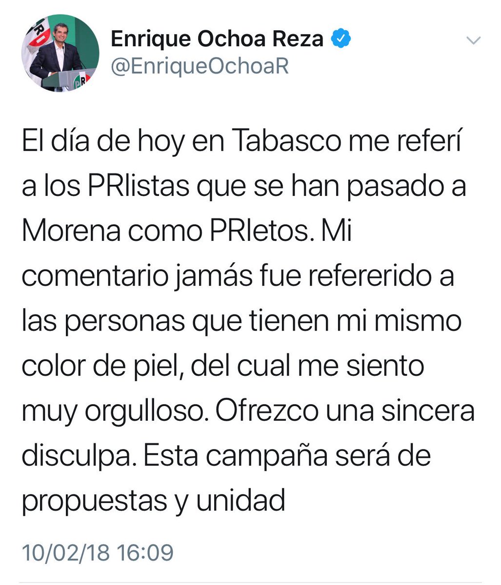 brozoxmiswebs's tweet photo. Ni modo @EnriqueOchoaR es momento de renunciar. Usaste peyorativamente el término prietos en un país orgullosamente prieto. Después los llamarás brownies y luego bad hombres. Quizá hasta desees construir un muro protector alrededor de tu candidato, sumido en serios aprietos. Bye! https://t.co/aYB0noSon1