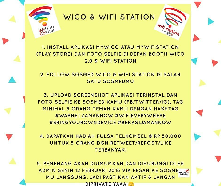 Yuk samperin booth wico 2.0 &amp; wifi station di acara “BEKASI JAMAN NOW” dan ikutin kuis online kita. Caranya gampang!

#warnetzamannow #wifieverywhere #bringyourowndevice #bekasijamannow #hutbekasi2018 #eventbekasi #infobekasi #telkomindonesia #wificorner #wico #wifistation