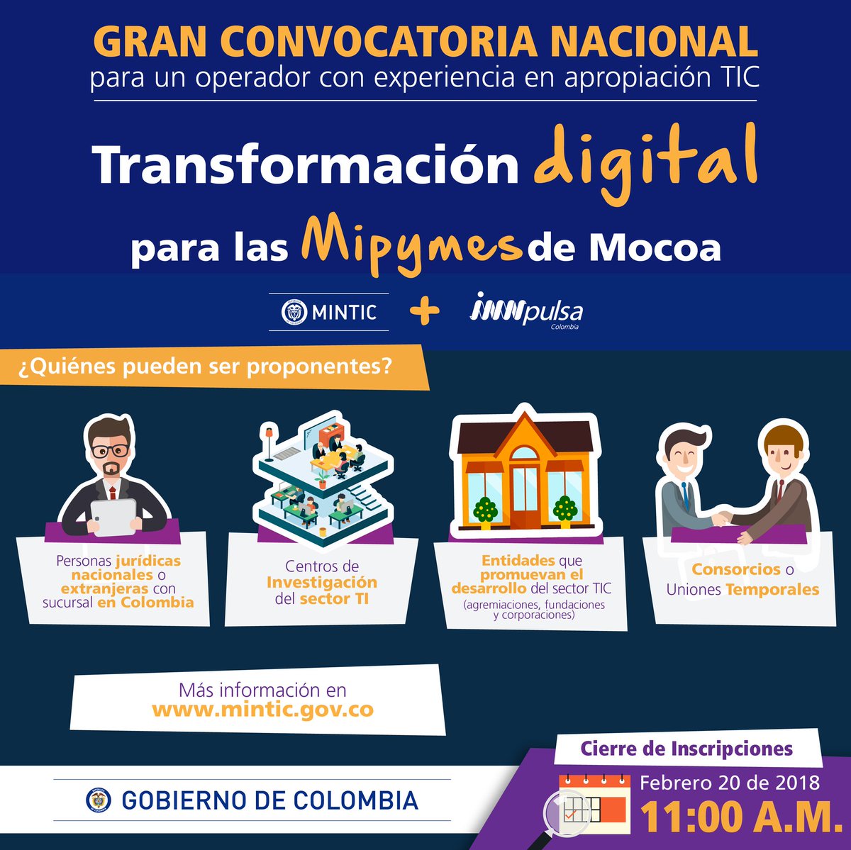 GobDigitalCO's tweet image. #TodosConMocoa | Si tu entidad promueve la #TransformaciónDigital participa en la convocatoria que ayudará a fortalecer la productividad de 200 #Mipymes en Mocoa 🔜📲bit.ly/2E3BGsY