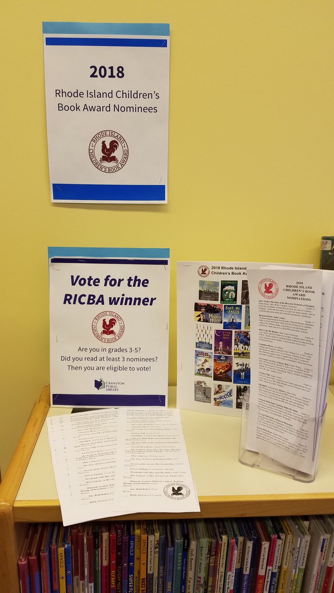 CranstonLibrary's tweet photo. All month long, readers in grades 3-5 are invited to stop by CPL to vote for their favorite Rhode Island Children's Book Award nominee. Look for voting booths like these at any CPL location! (Learn more: https://t.co/ul2AVwGbOC) #RICBA #RILibraries https://t.co/aZreKZIP1f