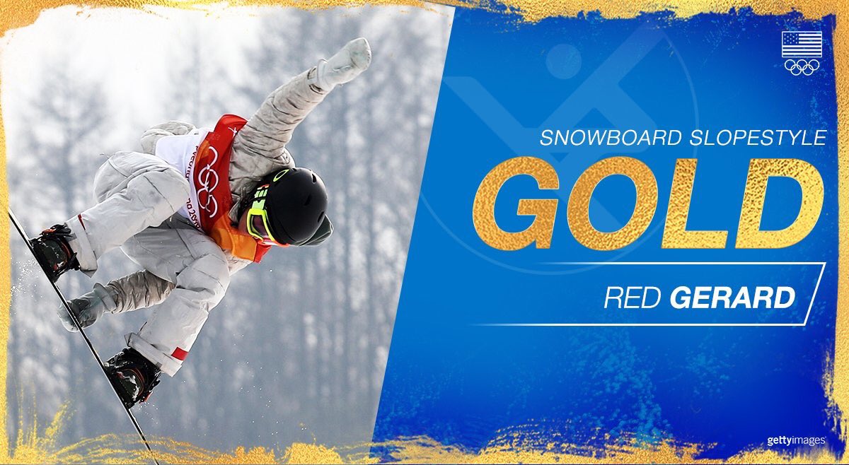 Congrats to Red Gerard on his GOLD MEDAL in Slopestyle Snowboard! Any given day!  #CLEbornCLEbred #goldendreams #bringinghomehardware #pyeongchang2018 @RedmondGerard
