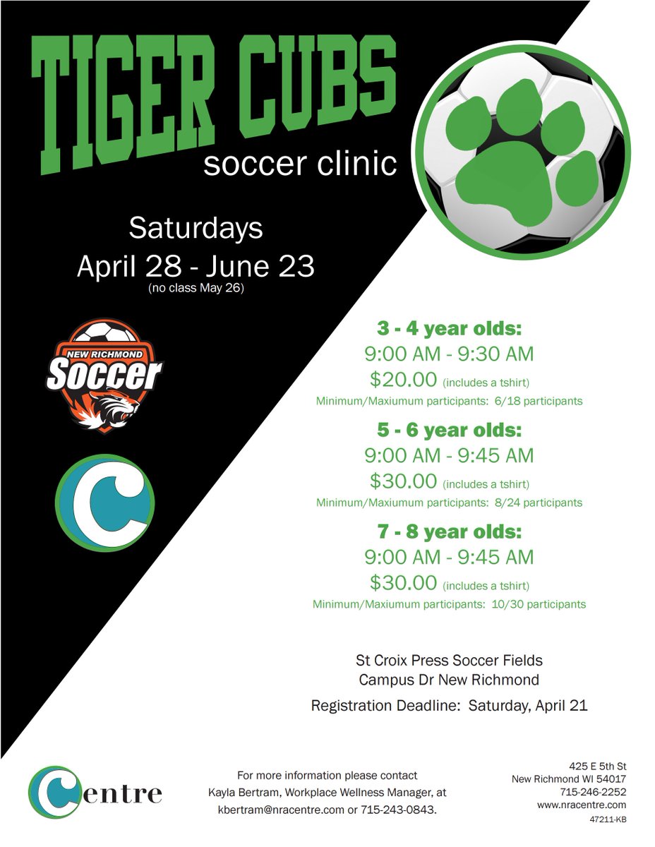 NewRichSoccer's tweet photo. Great opportunity to get your child introduced to soccer and for youngsters to sharpen their skills at the Tiger Cubs soccer clinic.  For more information please contact Kayla at kbertram@nracentre.com or 715-243-0843. https://t.co/YxBCLsSWWc