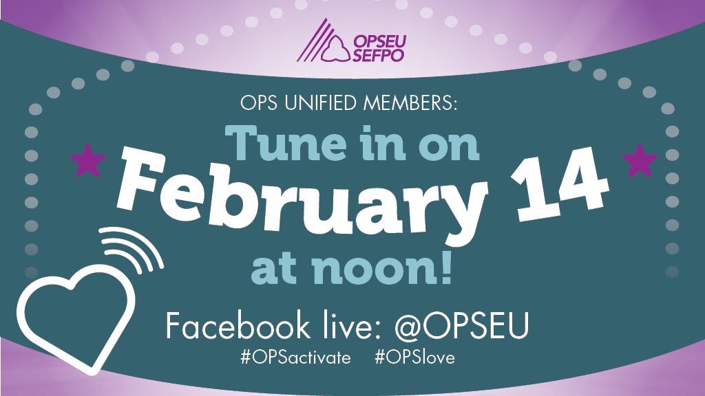OPSEUAmbDiv's tweet image. CACC ACOs/Dispatch members: “Like” @OPSEU on Facebook and tune in live at noon on Valentine’s Day (February 14) for a special announcement from your CERC team! facebook.com/OPSEU/ #OPSactivate #OPSlove #OPSunified #OPSEU