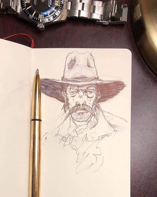 thedvl's tweet photo. Bedside sketching with my new brass #spacepen. Lost my last one on a shoot a few years ago and my little dude got me one for my bday. #dadblessed https://t.co/tqrpc9tyD7