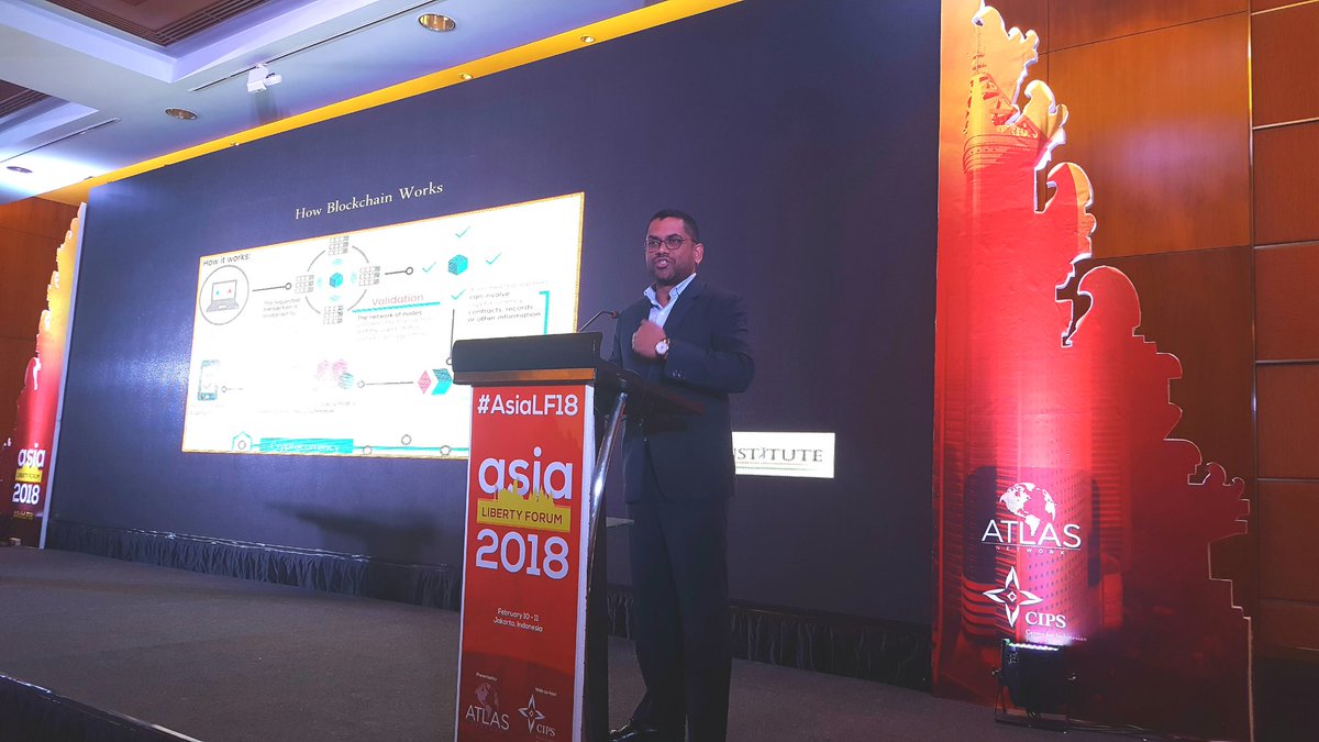 AtlasNetwork's tweet photo. Former 2014 Think Tank Shark Tank winner @Baladevan, founder of @India_Institute, speaks at #AsiaLF18 about using blockchain technology to maintain property rights. https://t.co/XdgT1MrVWD