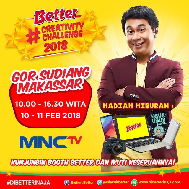 Official_MNCTV's tweet photo. Yuk ke booth @biskuitbetter di GOR Sundiang Makassar. Kalian bisa eksis bareng @raditya_dika dan dapet hadiah keren lainnya hanya dgn upload foto karyamu dgn @biskuitbetter, tag 5 temen dan gunakan #bettercreativitychallenge #dibetterinaja https://t.co/827Z32PB35