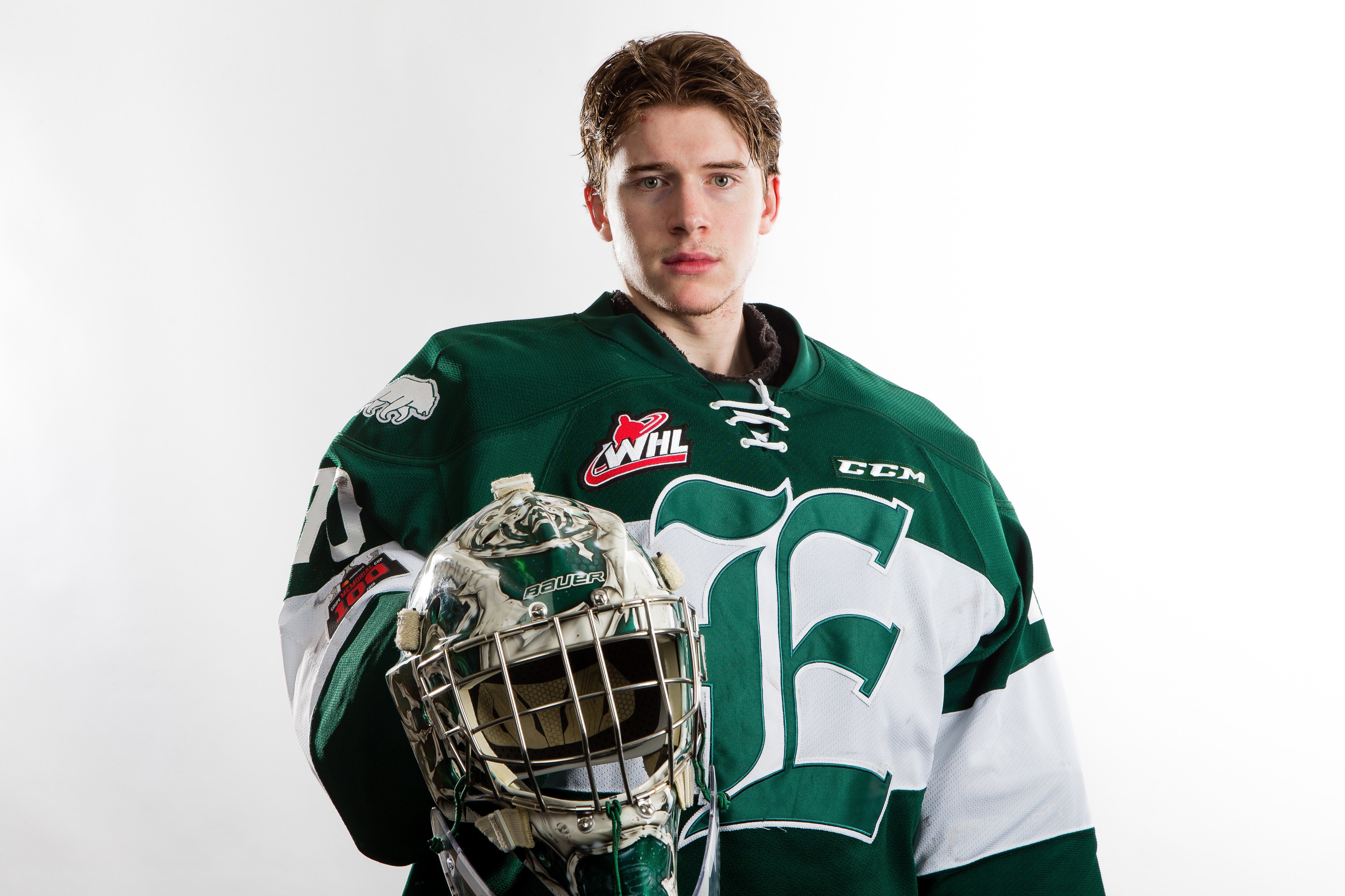 Everett Silvertips goaltender Carter Hart (70) waits by the bench during  warmups before facing the Prince George Cougars on Saturday, Nov. 26, 2016  at Xfinity Arena in Everett, Washington. Everett defeated Prince