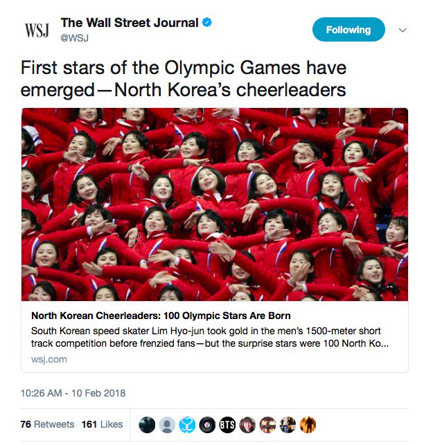 ambermarieduke's tweet image. WSJ thinks North Korean "cheerleaders" are the new "stars" of the #Olympics

Nothing on Red Gerard, the 17-year-old snowboarder who brought home the first gold medal for the US. 

Could the media be any more deranged?