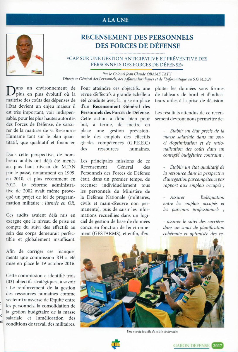 ArnaudLendie's tweet photo. Vu dans le magazine GABON DÉFENSE d'Août 2017.
l'@ANINFGA , à travers sa DRD et la @DCSI_PR_MDN , à pris une part active à la mise en place progressive d'un outil de SIRH au profit du MDN. https://t.co/tbm1XXD4qb