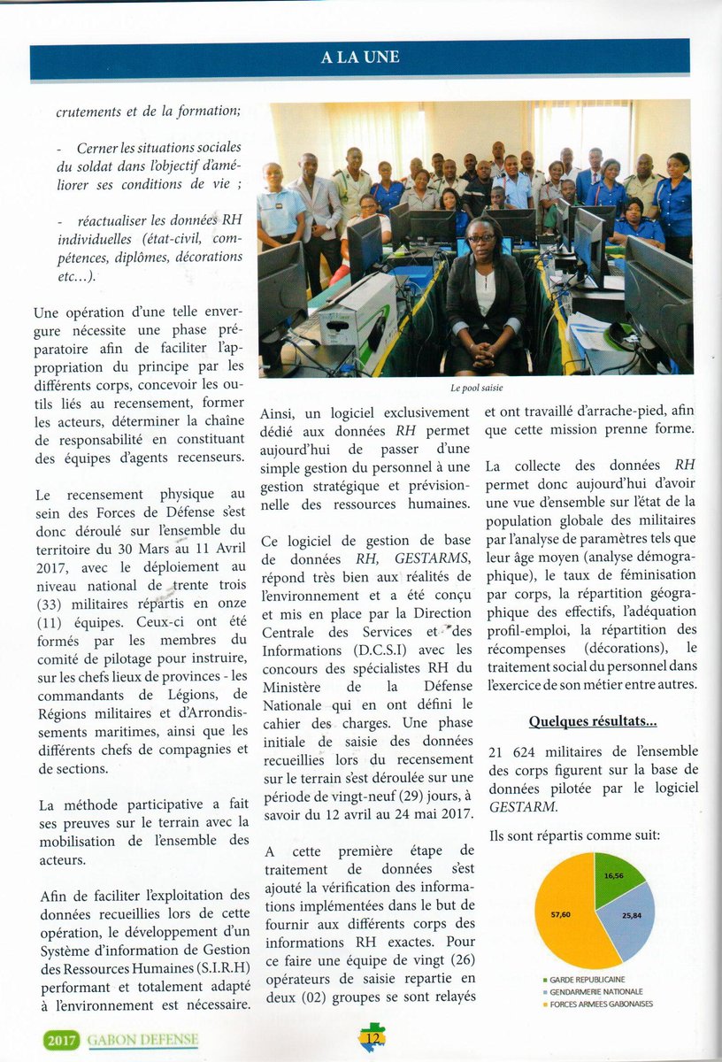 ArnaudLendie's tweet photo. Vu dans le magazine GABON DÉFENSE d'Août 2017.
l'@ANINFGA , à travers sa DRD et la @DCSI_PR_MDN , à pris une part active à la mise en place progressive d'un outil de SIRH au profit du MDN. https://t.co/tbm1XXD4qb