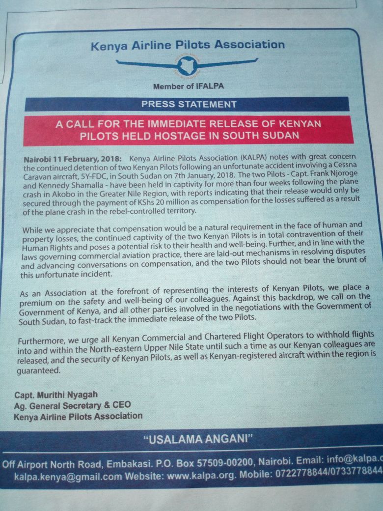 kenyanaviator's tweet photo. Today marks 34 days since 2 Kenyan crew members were held hostage in Akobo, South Sudan. The Kenya Airline Pilots Association has put out an advert in the dailies in respect to the continued detention of the crew members. https://t.co/gfyVZNPQZa