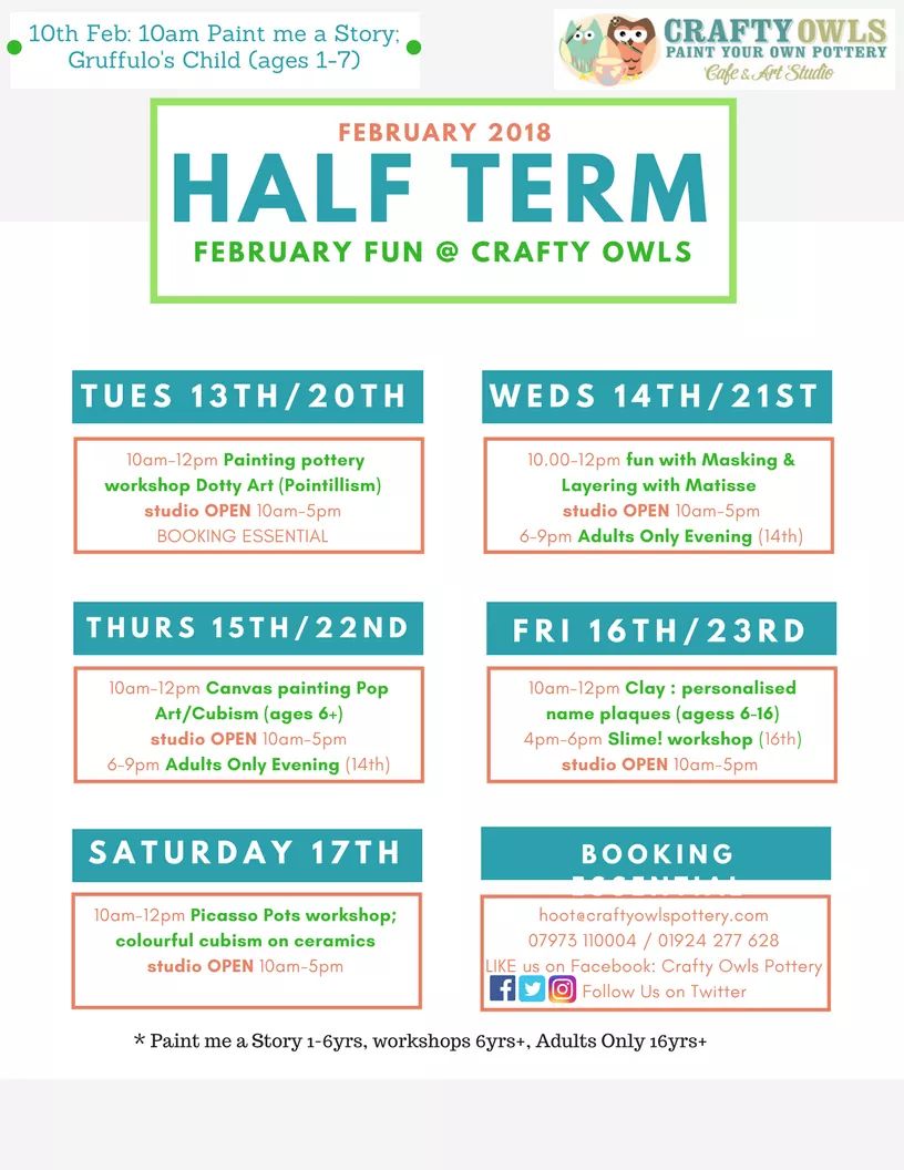 loads going on for Half term between 13th &amp; 23rd. Booking essential facebook.com/craftyowlspott… #Paintyourownpottery <a href="/WhatsOnWesley/">Wesley</a> #clay #wakefield #wakefieldkids