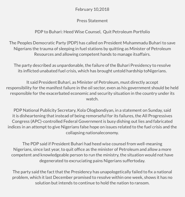 Consequent upon perennial fuel scarcity bedeviling the nation, PDP asked Buhari to resign his position as Petroleum Minister, said he’s failed woefully