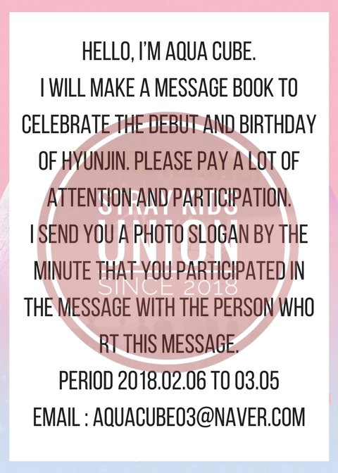 StrayKidsUnion's tweet photo. [FAN PROJECT]

Aqua Cube will be doing a message book for Hyunjin! Check the photos below for translations and instructions!  

February 6th- March 3rd only!! https://t.co/F5721ELwq9