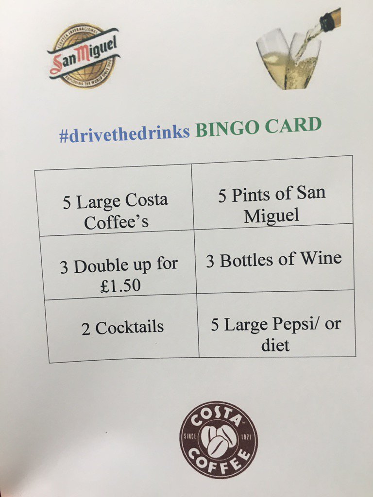 #drivethedrinksweek here is today's bingo team challenge. Let's sell sell sell <a href="/SteveAdamsTT/">Steve Adams</a> <a href="/StaplesClaire/">claire staples</a>