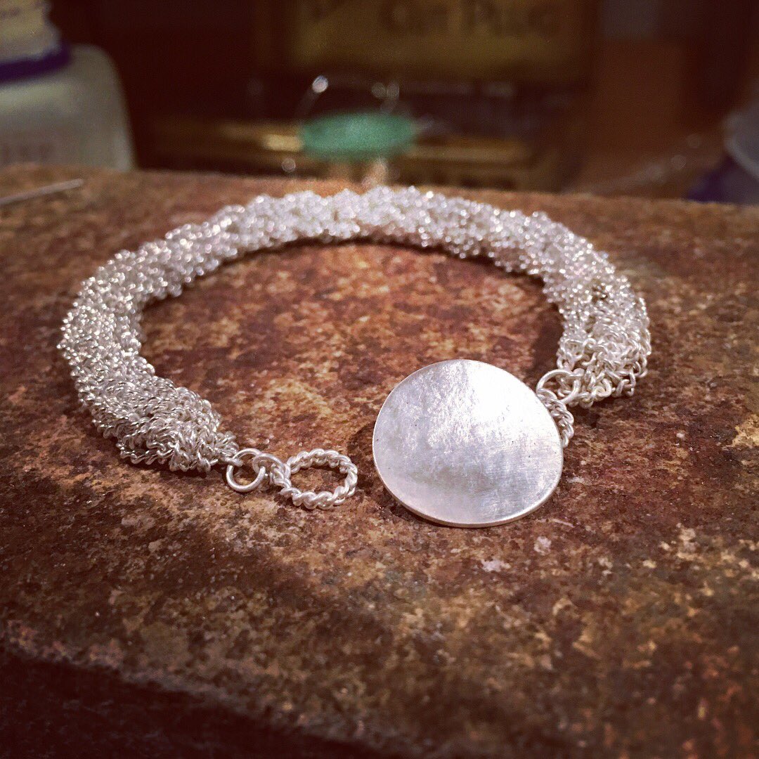 SCJewellery's tweet photo. On the bench yesterday, this new style French knitted chain bracelet with fabric textured fastening. Now to make a necklace to match #suzanneclairejewellery #textileinspired #frenchknit #jewellery #newwork #bracelet https://t.co/wdeCrqTSOl