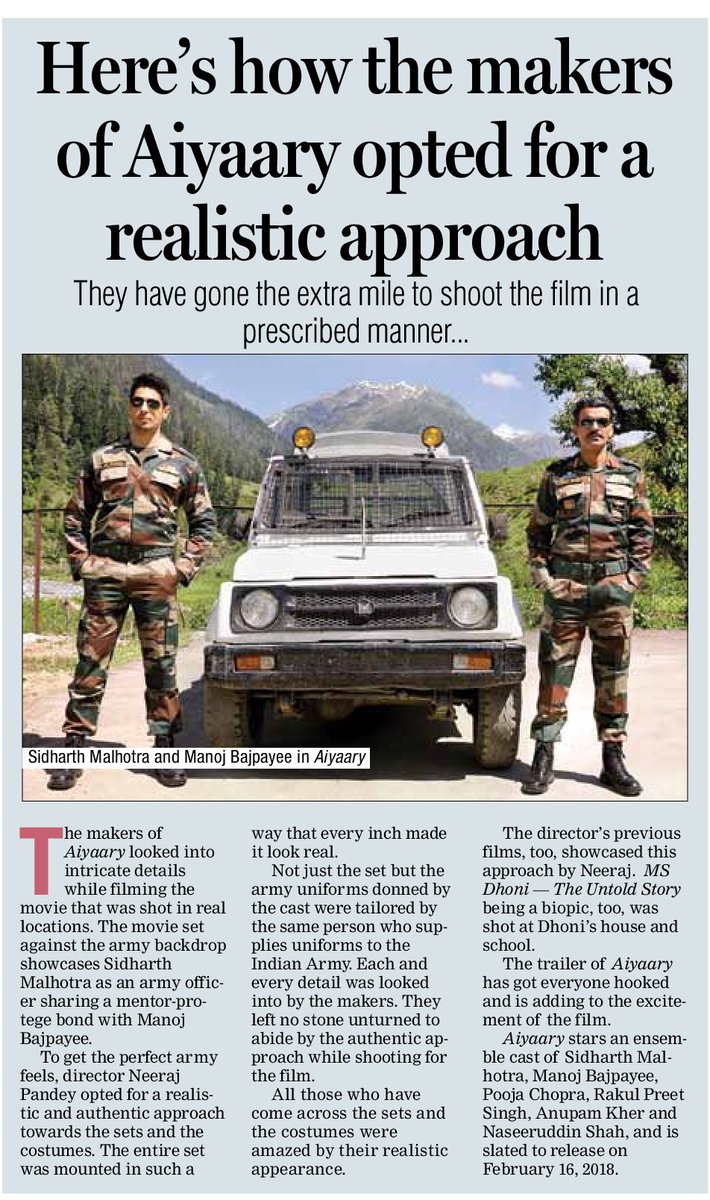 RelianceEnt's tweet photo. Here's how the makers of #Aiyaary opted for a realistic approach!

@neerajpofficial @S1dharthM @BajpayeeManoj @aiyaary @Rakulpreet @Pooja_Chopra_ @AnupamPkher @FFW_Official @ShitalBhatiaFFW @PlanC_Studios @currentshah https://t.co/7J94CAmIX0