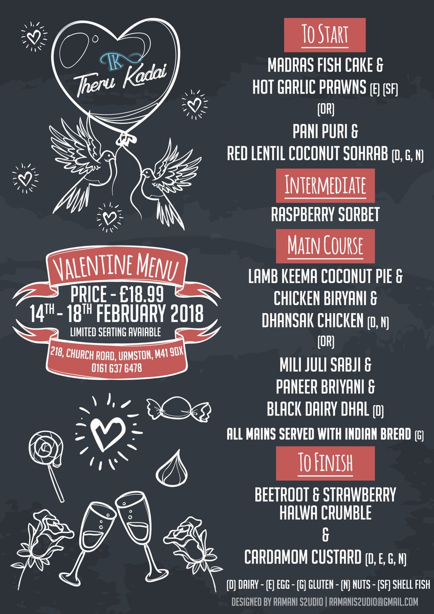 Hi All,

Theru Kadai has a special Valentine Menu only from 14th to 18th Feb 2018.
Secure your place now to make your loved one feel special this year 🙂