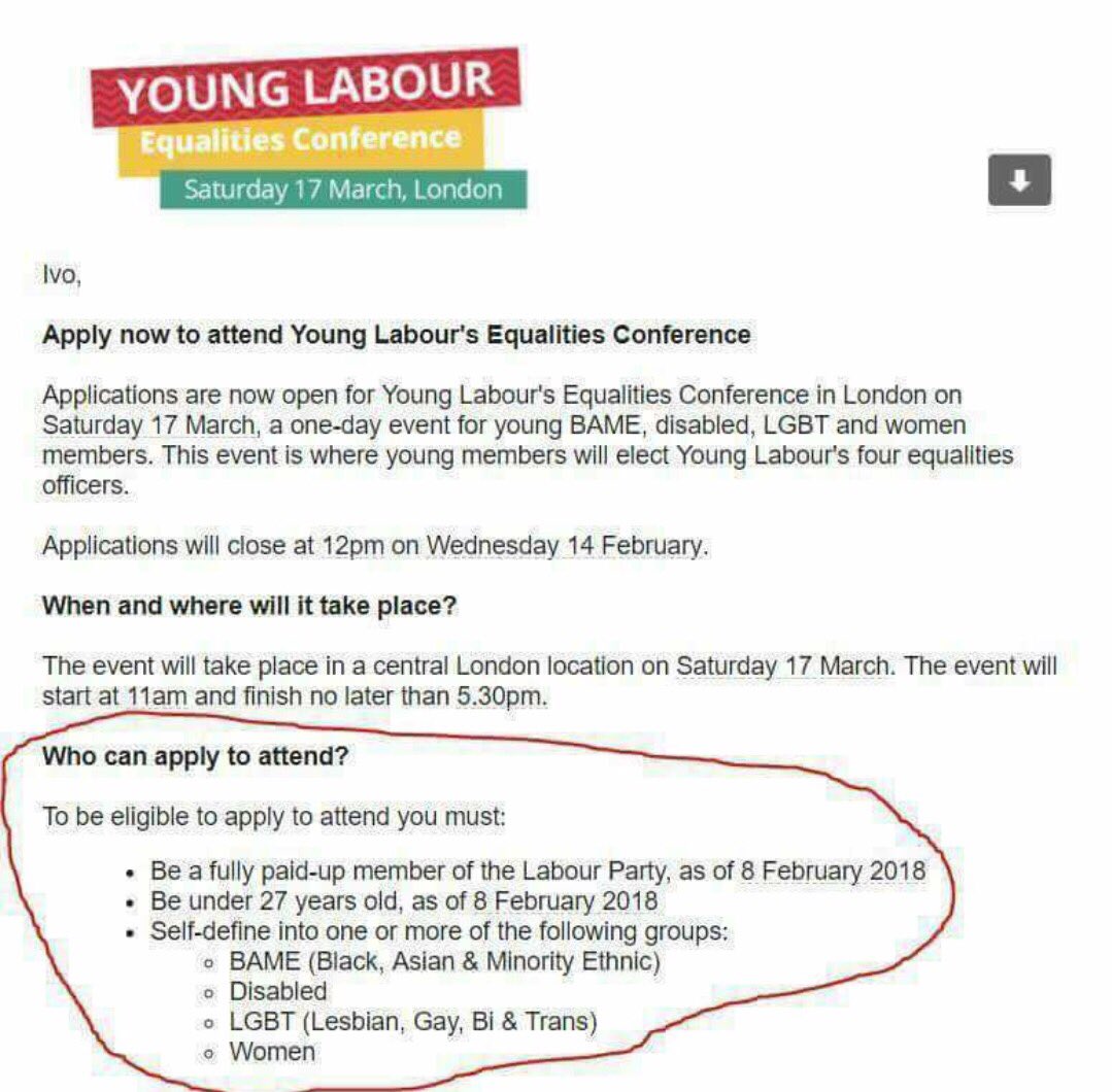 carrielbjohnson's tweet image. Does this mean that no white heterosexual men are allowed to go to Young Labour's EQUALITIES Conference? 🤔