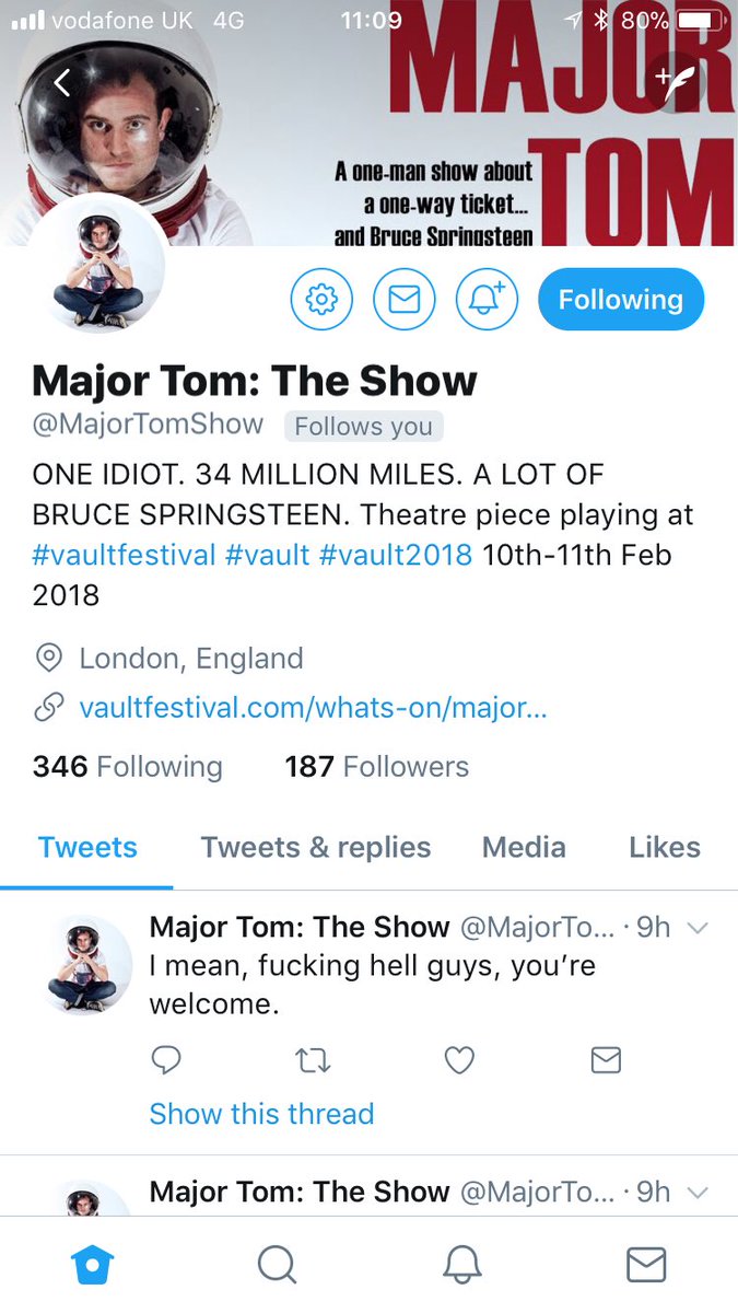 If you’re in London please go and see <a href="/MajorTomShow/">Major Tom: The Show</a> show tonight at the Network Theatre, Waterloo. SO GOOD! I went last night and loved it! vaultfestival.com/whats-on/major…