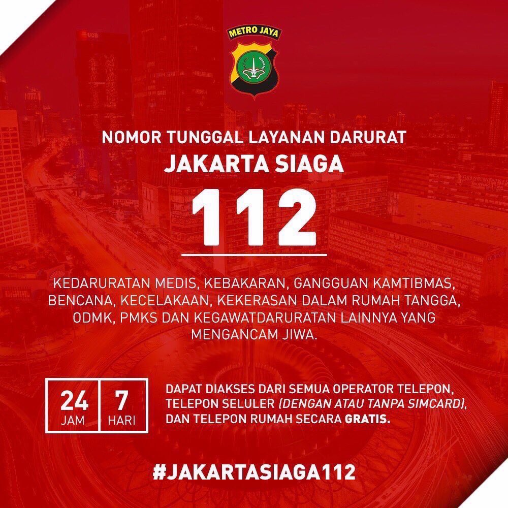 Menemukan kebakaran, tawuran, kecelakaan, bencana alam, ormas anarkis, KDRT dan balap liar di wilayah DKI Jakarta hub telp: 112. 

#JakartaSiaga