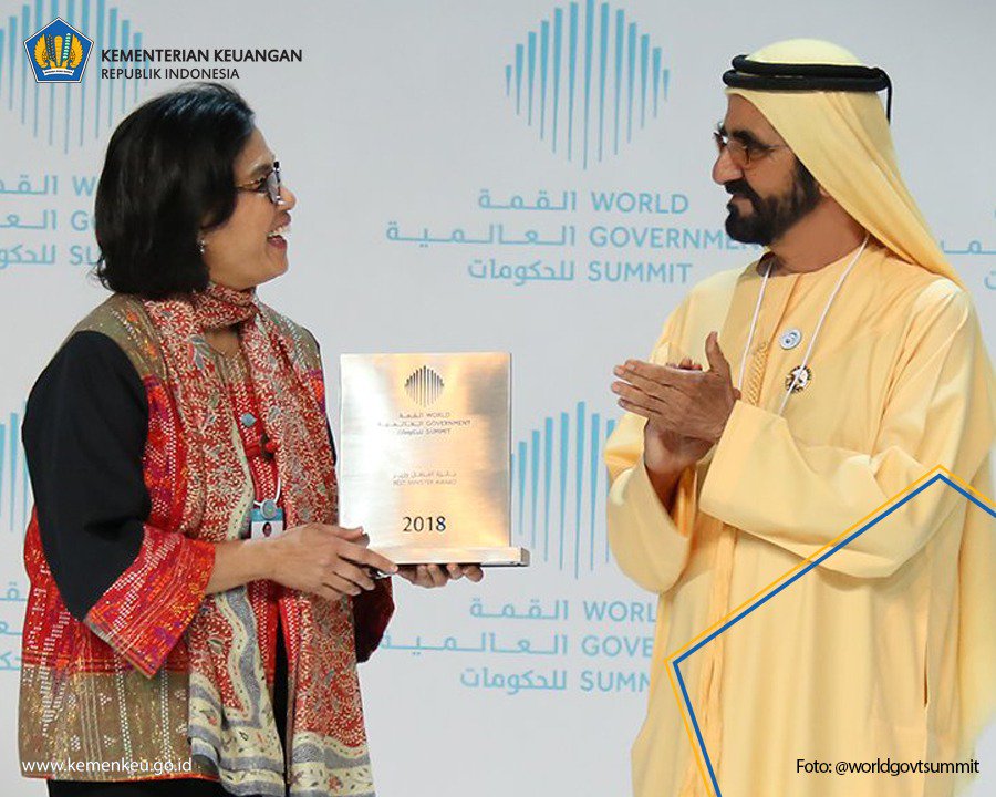 Kami ucapkan selamat kepada Ibu #MenkeuSMI mendapatkan Penghargaan Menteri Terbaik di Dunia (Best  Minister in the World Award) yang diserahkan oleh pemimpin Dubai, Sheikh Mohammad bin Rashid Al Maktoum pada minggu (11/02) di World Government Summit, Dubai, UAE. #WorldGovSummit