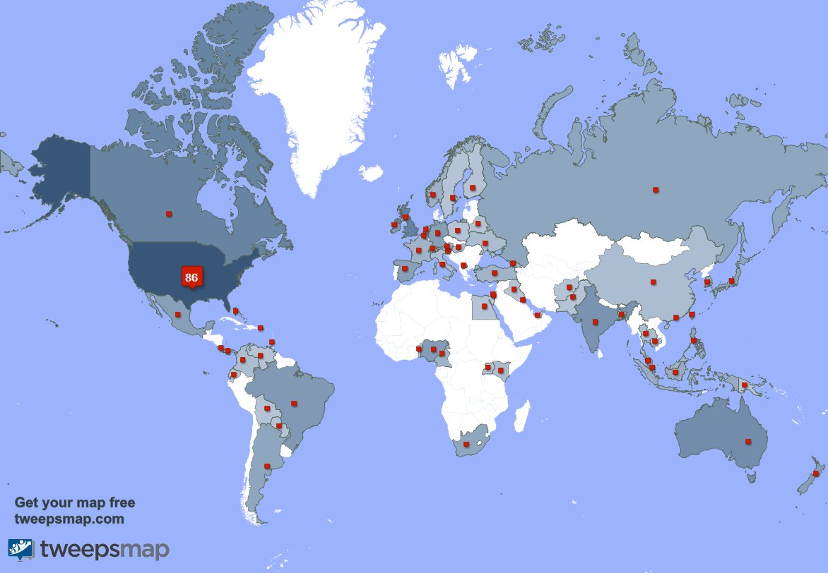 My followers live in 67 countries: USA(85%), UK.(3%)... tweepsmap.com/!Xunez Get your free map!