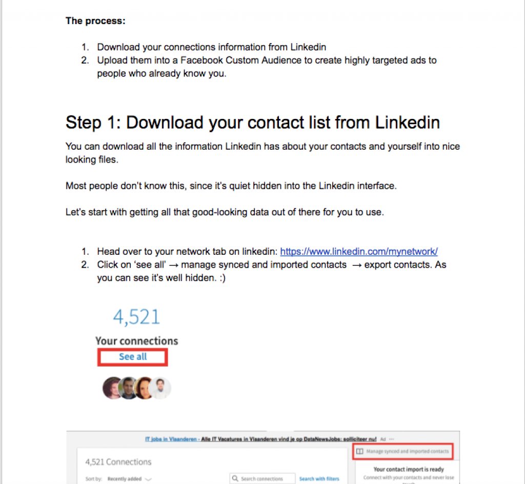 People buy from people they know like and trust. 

What if you could retarget your Linkedin connections, people that already know you, on Facebook for cheaper #conversions? 

Check out this Google Docs guide and then test it out. 

buff.ly/2ET0pyh