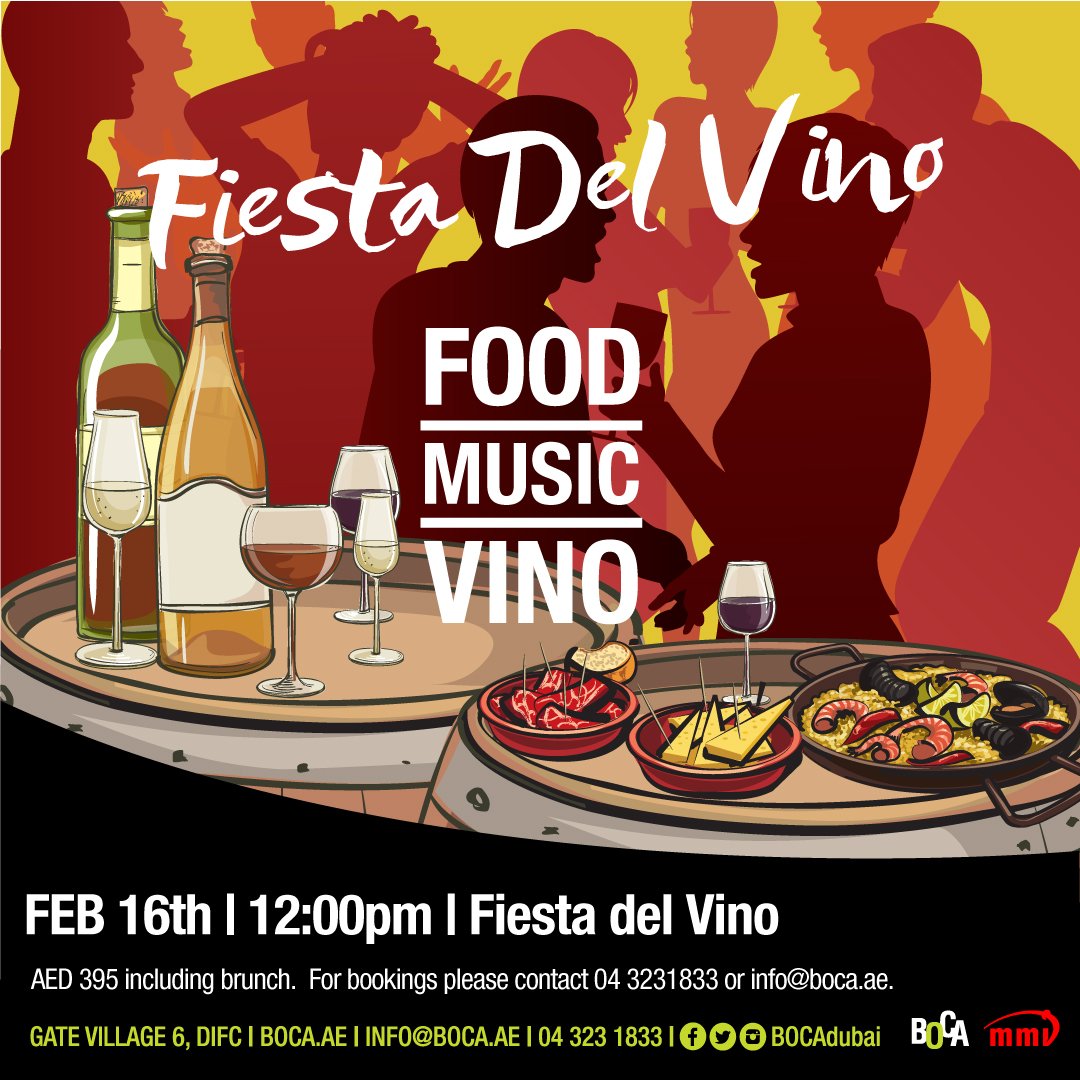 MMI_Dubai's tweet photo. WIN an incredible brunch for two, worth AED 790, with food, music and wine at Fiesta Del Vino at @BOCAdubai!
 
Simply follow the page, like and retweet this post to enter!
 
Brunch starts on the 16th of February, at 12:00pm.
 
T&amp;C’s apply.
 
#ThanksMMI #MMIDubai #MyDubai https://t.co/MIPMMGRXWZ