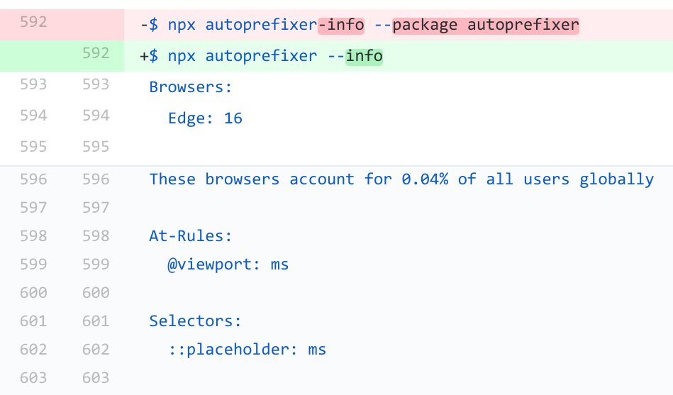 Autoprefixer's tweet image. Next Autoprefixer 8.0 in addition to @Browserslist 3.0 will rename `npx autoprefixer-info` to `npx autoprefixer --info`. It is very useful CLI tool to show projects’ target browsers and used prefixes.
github.com/postcss/autopr…