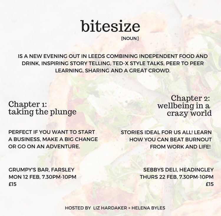 Fancy a Monday night out with a difference? Join me, @a_balanced_girl and <a href="/RebeloSofia/">Sofia Rebelo</a> for Bitesize 1. 

Local food &amp; drink, local people, local stories: beats a night in watching University Challenge (at least we think so!)

bit.ly/2shSzf1 

#leedsinspired #leeds