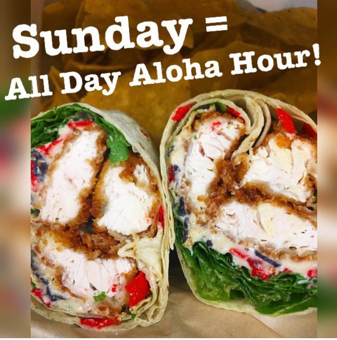 FINSUSA's tweet photo. Happy Sunday! 1/2 Price 5-0 Wrap and a Fountain Beverage All Day! $1.99 Cabo & Taco Typicals | $5.99 Hawaii 5-0 W/ a drink | $1 OFF All Smoothies All Day Long 🙌 #finsusa #AlohaHour #Sunday #AlohaHourSundays #Byob https://t.co/ubF448pGEN