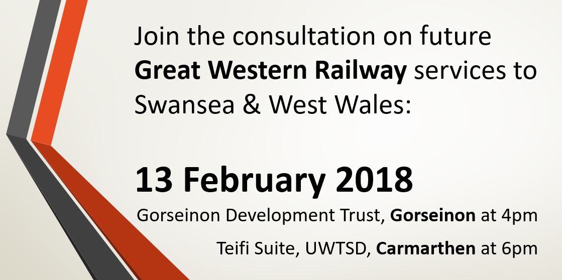 #Rail user in #Swansea and #WestWales? Get your views heard and join public meetings in #Gorseinon and #Carmarthen on 13 Feb to discuss future #GWR services <a href="/NickServini/">Nick Servini</a> <a href="/YoulePost/">Richard Youle</a> <a href="/WalesOnline/">WalesOnline 🏴󠁧󠁢󠁷󠁬󠁳󠁿</a> @SarahOnTheNews