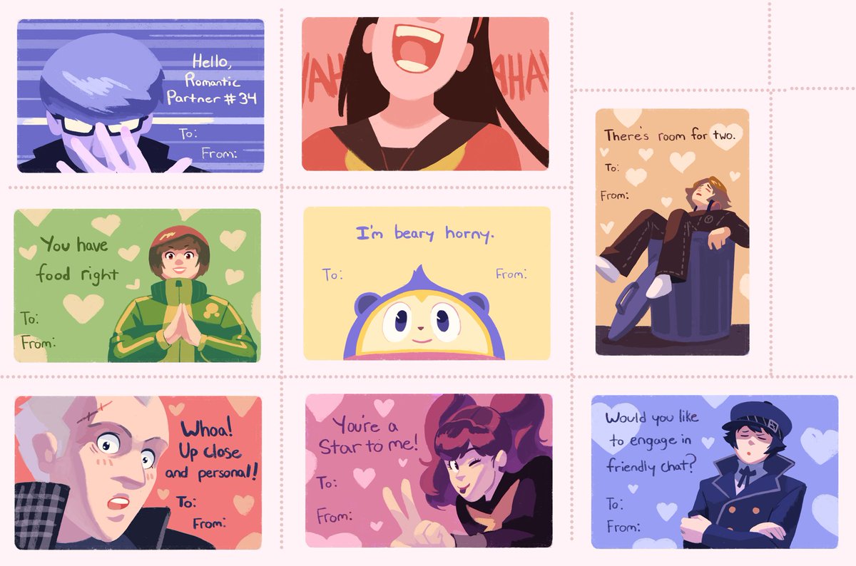 Persona valentines! I made some off of p3 and p4 years ago, so since I happened to be playing p5 around this time, I thought it'd be fun to revisit them.
Feel free to use for your valentine's day needs! 