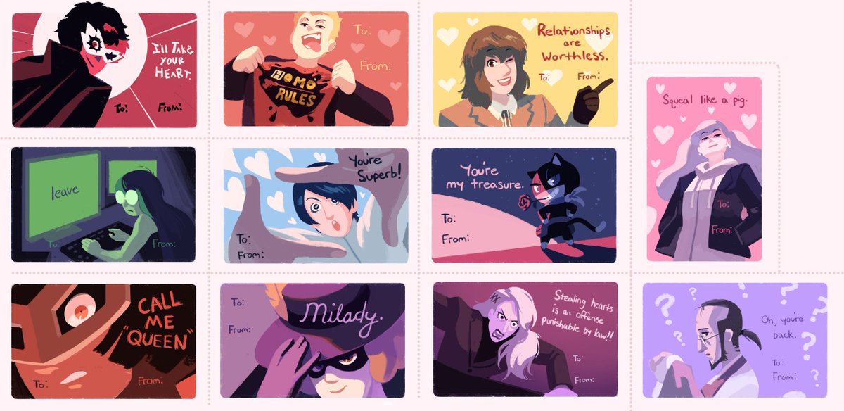 Persona valentines! I made some off of p3 and p4 years ago, so since I happened to be playing p5 around this time, I thought it'd be fun to revisit them.
Feel free to use for your valentine's day needs! 