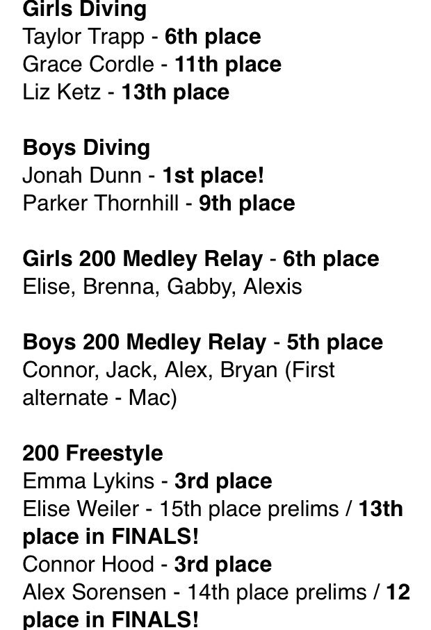 LafayetteSwimin's tweet photo. Here are the final results from last night! Congrats to all of our swimmers and divers!!! Now let’s get ready for State #TheGeneralsAreComing https://t.co/kLKrpzjhVi