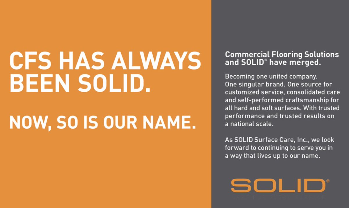 CFSSurfaceCare's tweet photo. CFS and @solid_care have merged to become one source for all hard and soft surface care. https://t.co/xS11DS7EF4 #surfacecare #commercialcarpet #textiles #stone #metal #ceramictile #Facilitymgmt #FacilitiesMgmt https://t.co/IfloitNu87