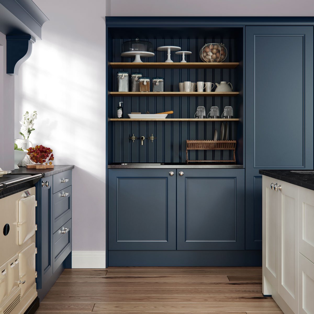 FARRINGDON | The classic smooth painted Farringdon Shaker range can be seamlessly paired with the Farringdon Beaded range to create a kitchen at home in any home. Bespoke painted Dark Blue and Porcelain are used in this set #bluekitchen #shaker #classickitchen