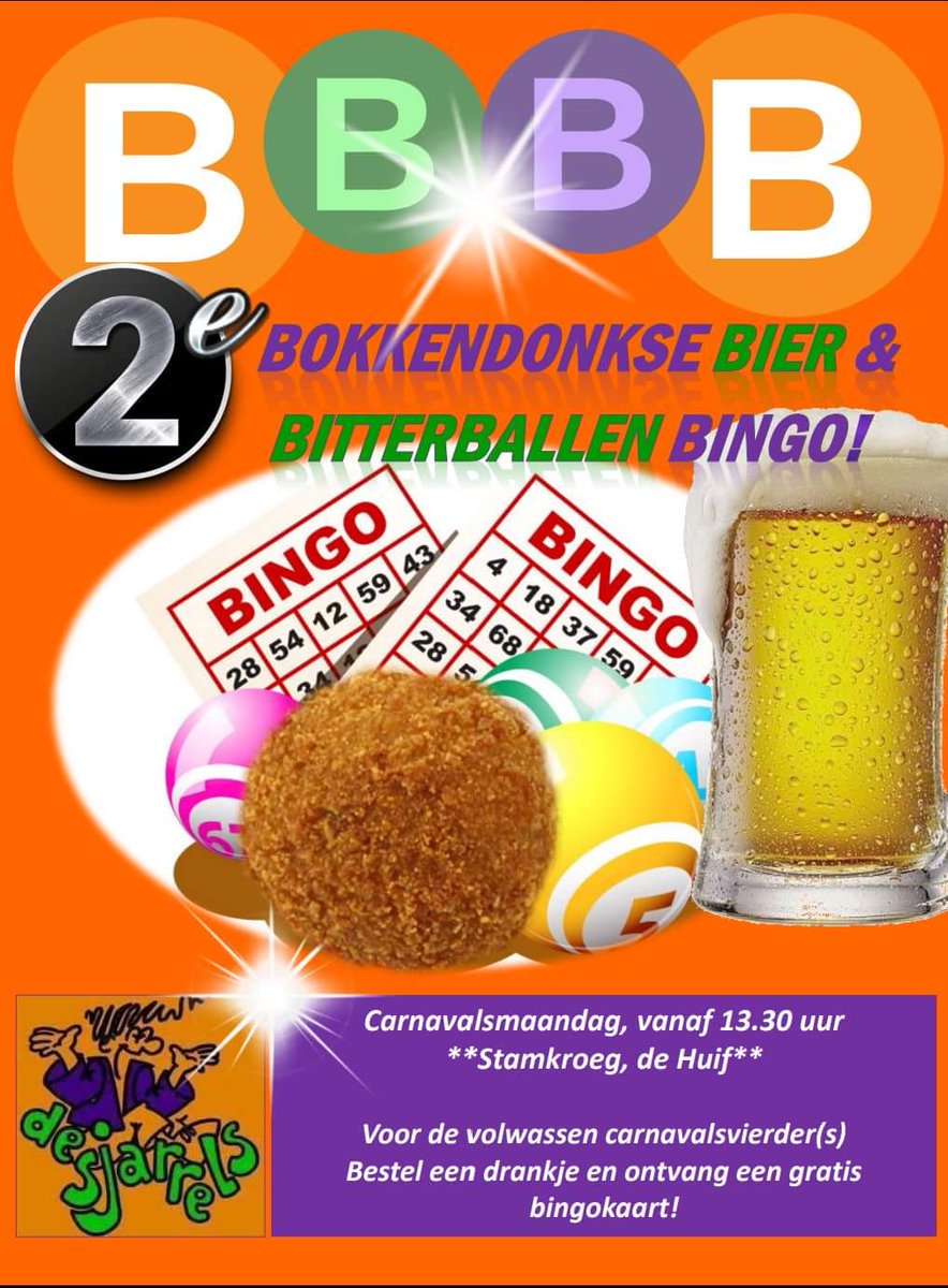 En vergeet onze Bokkendonkse Bier en Bitterballen Bingo niet!!
Carnavals Maandag vanaf 13.30uur in de huif...  #BBBB