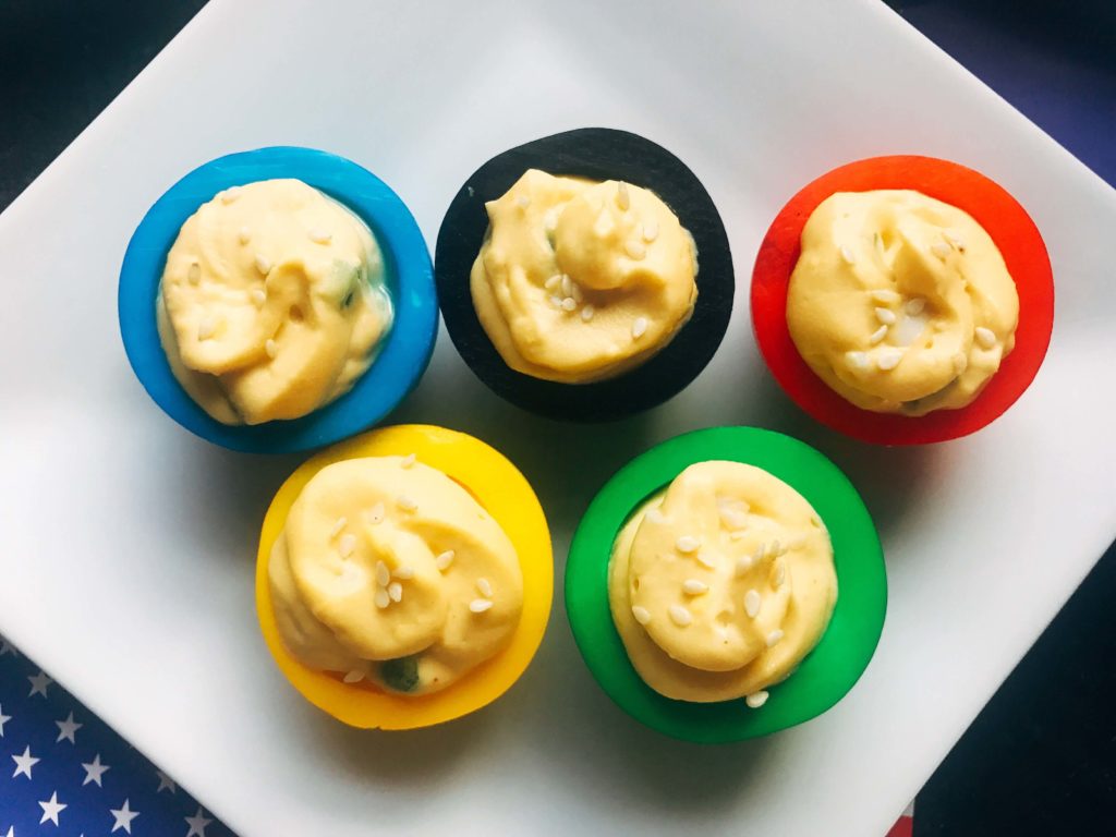 Korean Flavored Olympic Ring Deviled Eggs #Recipe <a href="/3olivesbranch/">Three Olives Branch - Italian & Mexican Recipes</a> ow.ly/dXCS50gsk1o #foodie #food #recipes