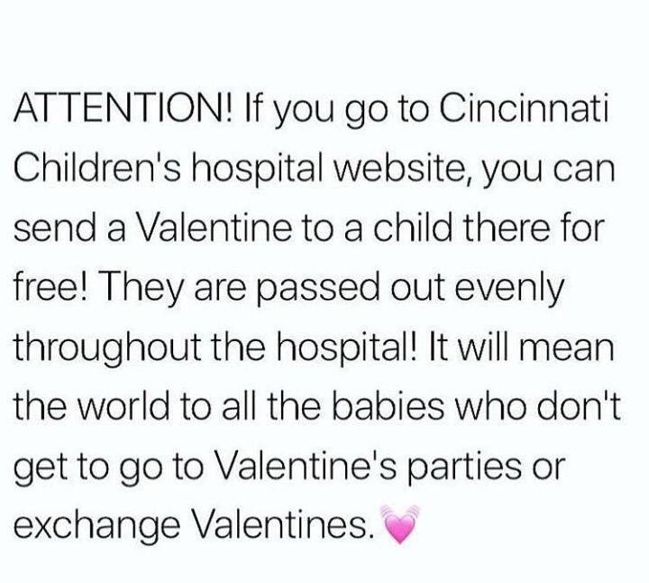 ENDURE TO CURE (@enduretocure) on Twitter photo Here is an easy way to spend 30 seconds of time and help make a child at <a href="/CincyChildrens/">Cincinnati Children's</a> Hospital smile this #ValentinesDay. ❤️
cincinnatichildrens.org Here is an easy way to spend 30 seconds of time and help make a child at <a href="/CincyChildrens/">Cincinnati Children's</a> Hospital smile this #ValentinesDay. ❤️
cincinnatichildrens.org
