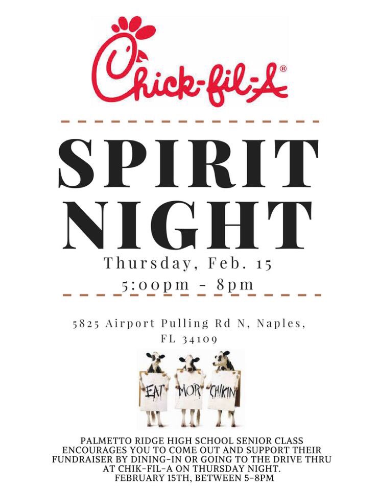 Co2018PRHS's tweet photo. Do us a favor and spread the word about our Spirit Night at Chick-Fil-A!! Thursday, February 15 from 5-8 pm!! Support your Palmetto Ridge Senior class 💚🐻💚🐻 https://t.co/MKDQ8RmJYX