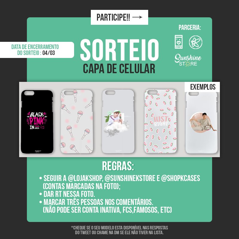sunshinekstore's tweet photo. 🎉 SORTEIO DE 2K + INAUGURAÇÃO 🎉 
A Sunshine Store completou seus 2K e em parceria com a @lojakshop decidiu sortear uma case, comemorando também a inauguração da @shopkcases! Para participar é só seguir as regras na foto. https://t.co/F466RjRq98
