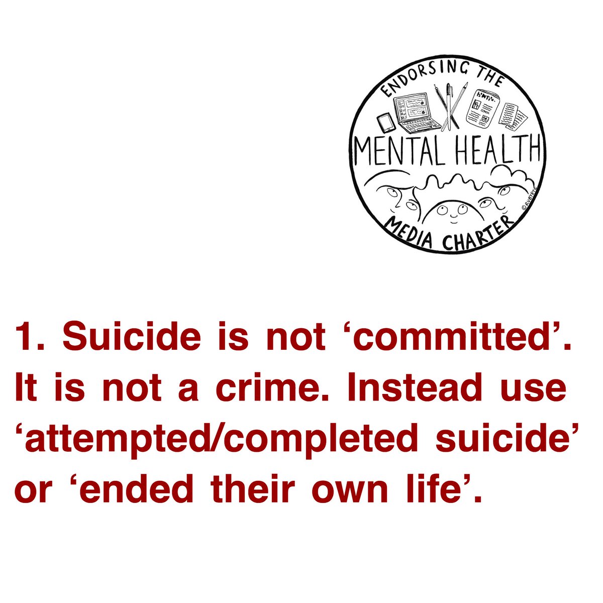 MH Media 💙 (@mhmediacharter) on Twitter photo For the next 7 days we’ll be posting a daily meme summarising each piece of guidance in our charter. No1 relates to #language around #suicide. For a full copy of the charter email tash@natashadevon.com. <a href="/THE_OLLIE_FOUND/">The OLLIE Foundation</a> <a href="/theCALMzone/">CALM</a> @MrJonnyBenjamin For the next 7 days we’ll be posting a daily meme summarising each piece of guidance in our charter. No1 relates to #language around #suicide. For a full copy of the charter email tash@natashadevon.com. <a href="/THE_OLLIE_FOUND/">The OLLIE Foundation</a> <a href="/theCALMzone/">CALM</a> @MrJonnyBenjamin
