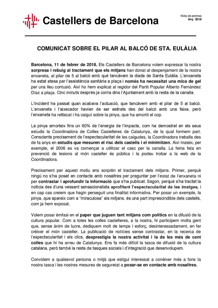 CastellerFalso's tweet photo. Las únicas  verdades en el comunicado de @CdBCN es la seguridad sobre los mas pequeños y que se ha tardado mas de 200 años en dar el paso en utilizar los cascos y que los medios como los políticos influyen mucho.Creo que lo dicen por la independencia en la cultura @coordinadoracc https://t.co/Bw6rzWE6EZ