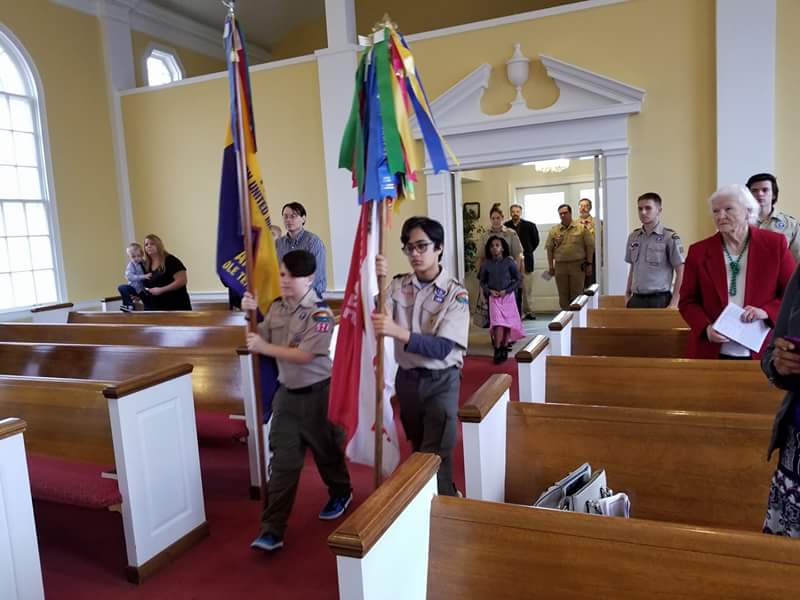 BSATroop275's tweet image. #ScoutSunday unit flags processing behind the American Flag and the Christian flag.