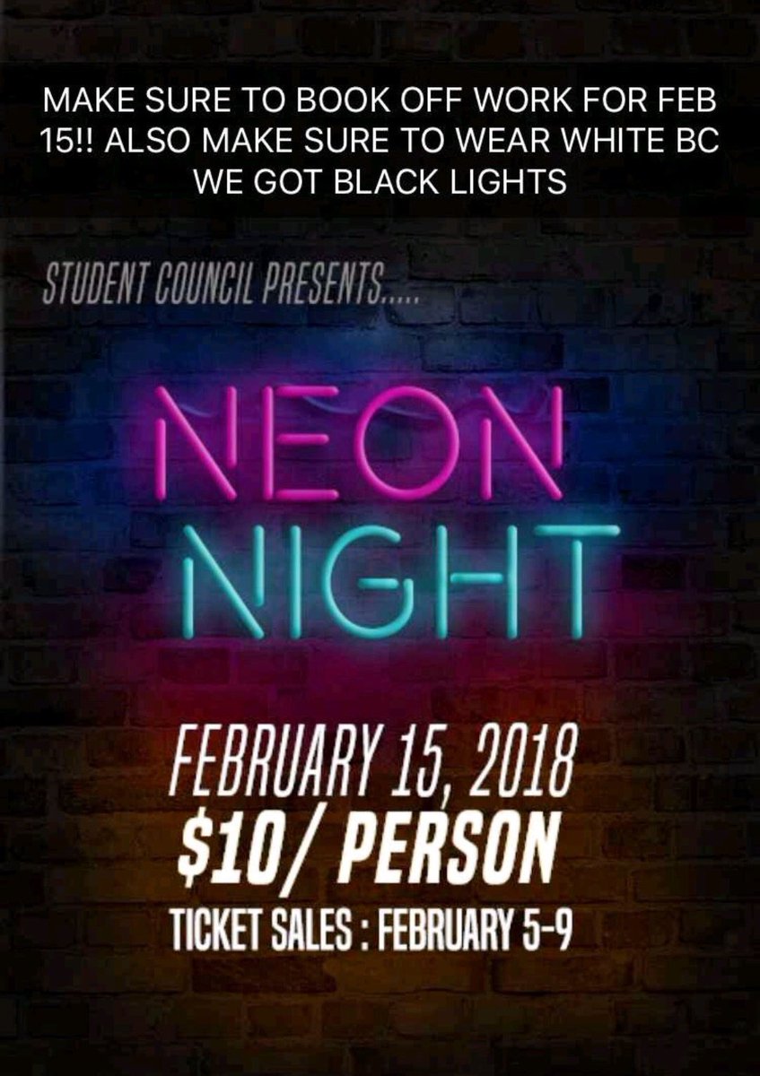 CKSSstudentco's tweet photo. HEYY CKSS!! 💚💛💚Tomorrow Is The Last Day To Buy Neon Tickets!!! 🙌🏼Dance For All Grades!!! It's Gunna Be Great!! $10 A Ticket!! February 15th!! 🎉🎉🎉 You Don't Want To Miss Out!! Can't Wait To See You All There!! 👏🏼👏🏼👏🏼 https://t.co/i2YTxWGrKt