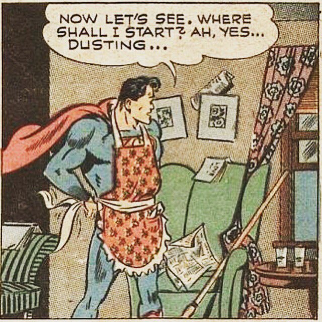 fedupwithmessy's tweet photo. Superman the Housekeeper 😂🤣😂🤣😂🤣😆!!! Yes, this is a real, actual vintage Superman comic from 1946 - apparently on some Sundays back then, Superman enhanced the cape look with an apron and attacked the mess. Because what villain is worse than housework? https://t.co/XqCfGyDFHQ