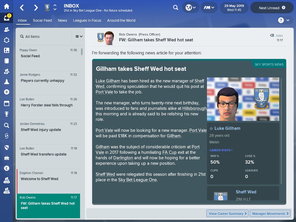 lgillyefc90's tweet photo. After promotion in the 1st season and getting into the play offs in league one Sheffield Wednesday have gave us the hot seat after they have had 2 miserable seasons getting relegated in season 1 and struggling in league one last season   #FM18 #footballmanager #swfc https://t.co/7CCBrcNQ6T