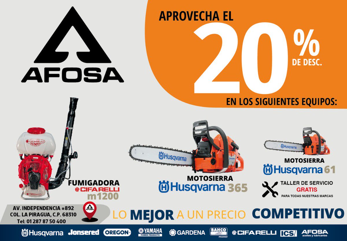 Ifapsa's tweet photo. En #Afosa Tuxtepec tenemos los mejores equipos para el uso agrícola y forestal. Visitanos!!!
#husqvarna #Cifarelli #HojaVerde #TallerServicioGratis https://t.co/X0lPo1WWaA